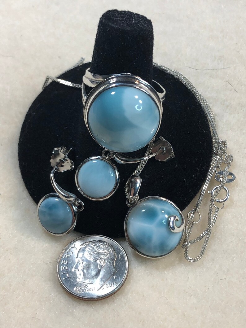 Vintage Sterling Larimar Matching Necklace Ring and Earring Set