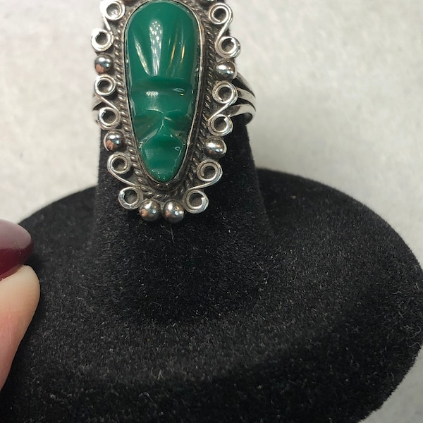 Vintage Sterling Green Onyx Stone Tribal Warrior Mask Ring