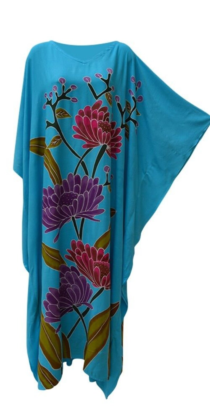 MARINA Floral Print Blue Hand Painted Kaftan Caftan Buttersoft Long ...