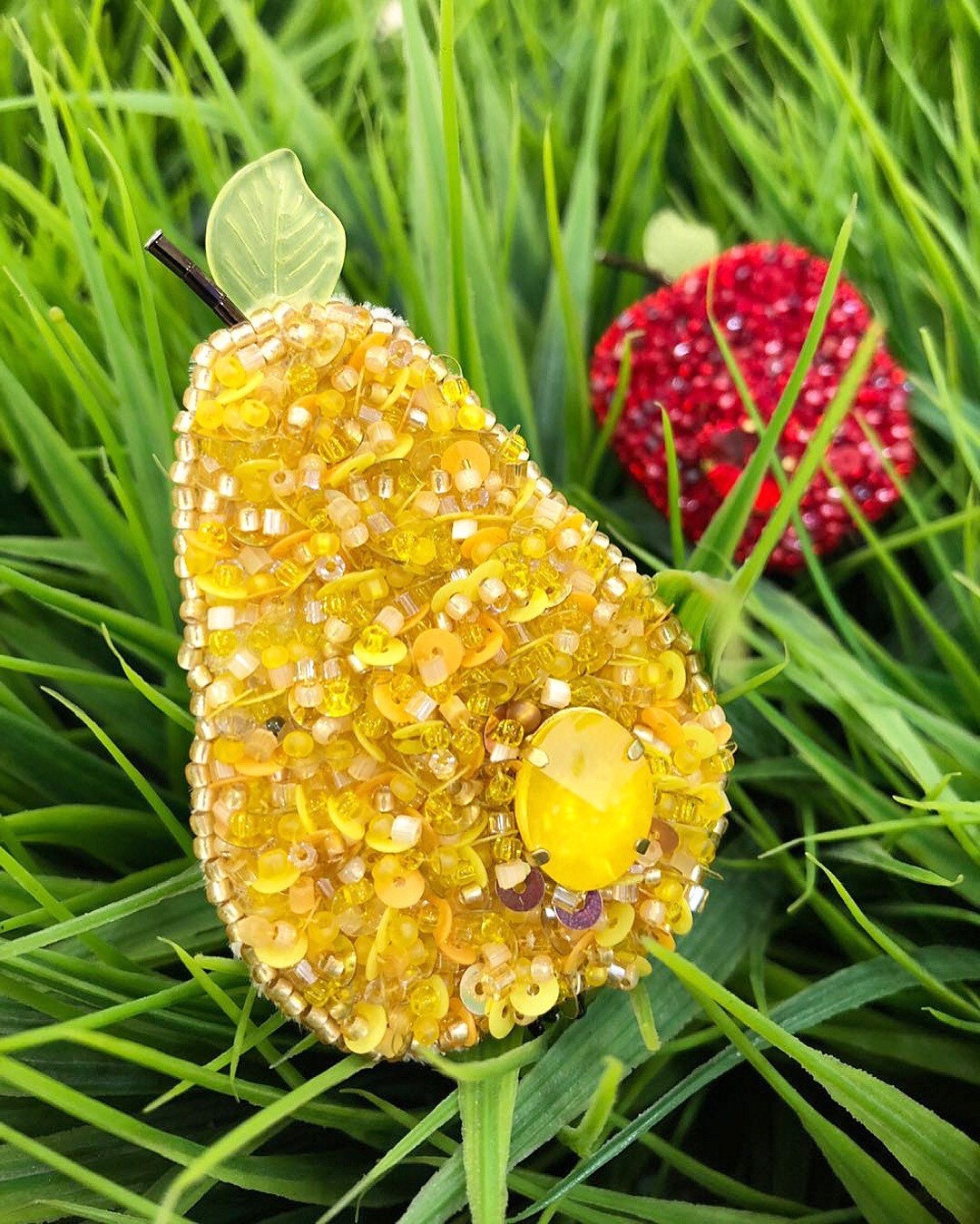 Yellow pear embroidered brooch bright accessory designer  etsy