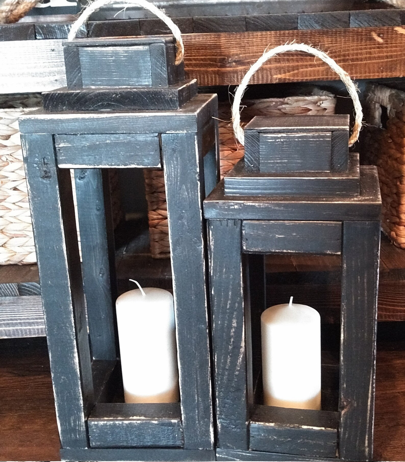 Rustic Wood Lantern Candle Holder Set of 2 Etsy