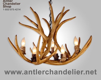 May include: A rustic antler chandelier with six light bulbs. The chandelier is made of natural antlers and has a brown finish. The website address "www.antlerchandelier.net" is displayed below the chandelier.