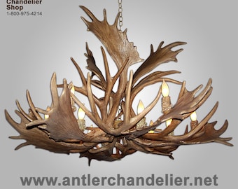 May include: A large antler chandelier with multiple branches and candle-style light bulbs. The chandelier is made of natural antlers and has a rustic, natural look. The text "www.antlerchandelier.net" is visible at the bottom of the image.