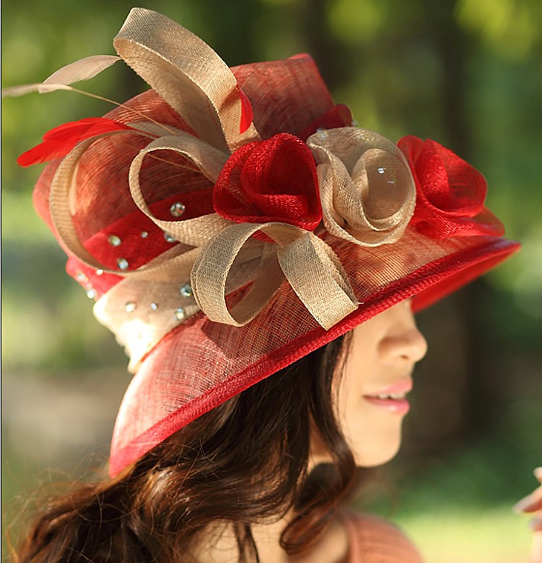 Red Church Hat, Women Tea Party Hat, Derby Hat, Fancy Hat, Tea Party