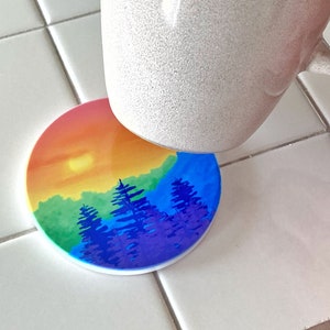 Subtle Pride Art LGBTQ Flag Coffee Lover Tea Drinker Gift - Gay Landscape Painting Home Decor Coasters - Rainbow Nature Desk Accessories