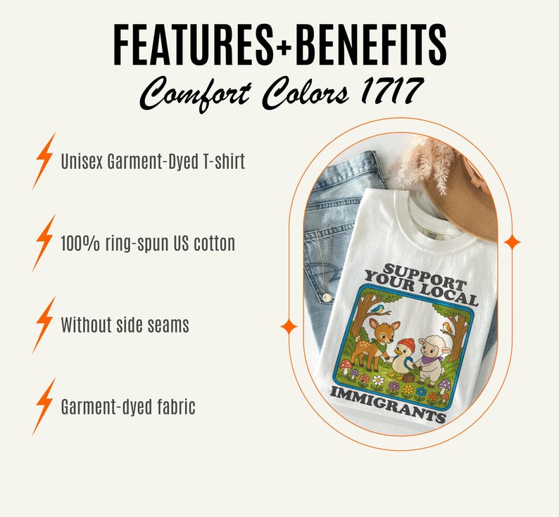 May include: White unisex garment-dyed t-shirt with the text "SUPPORT YOUR LOCAL IMMIGRANTS" and a cartoon illustration of woodland creatures. The shirt is made of 100% ring-spun US cotton and has no side seams.