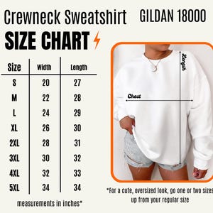 May include: Size chart for Gildan 18000 crewneck sweatshirts, showing width and length measurements in inches for sizes S through 5XL. The chart includes a note that for an oversized look, go up one or two sizes from your regular size.