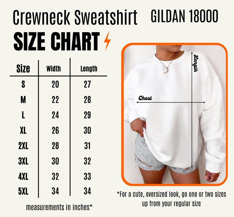 May include: Size chart for Gildan 18000 crewneck sweatshirts, showing width and length measurements in inches for sizes S through 5XL. The chart includes a note that for an oversized look, go up one or two sizes from your regular size.