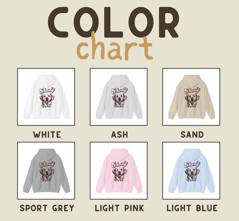 May include: Color chart showing different colors of a hoodie with a dog graphic and the word "Charly" on the back. The colors are white, ash, sand, sport grey, light pink, and light blue.