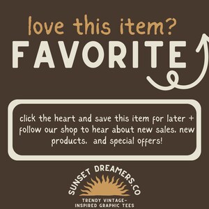 May include: Brown graphic with the text "love this item? FAVORITE" and a white arrow. Below, a white box contains text about saving the item and following the shop for updates. The shop logo is at the bottom.