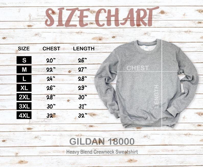 May include: A size chart for a grey Gildan 18000 Heavy Blend Crewneck Sweatshirt. The chart lists sizes S to 4XL, with chest measurements from 50.8cm to 81.3cm and lengths from 66cm to 81.3cm. The text "SIZE CHART" is at the top.