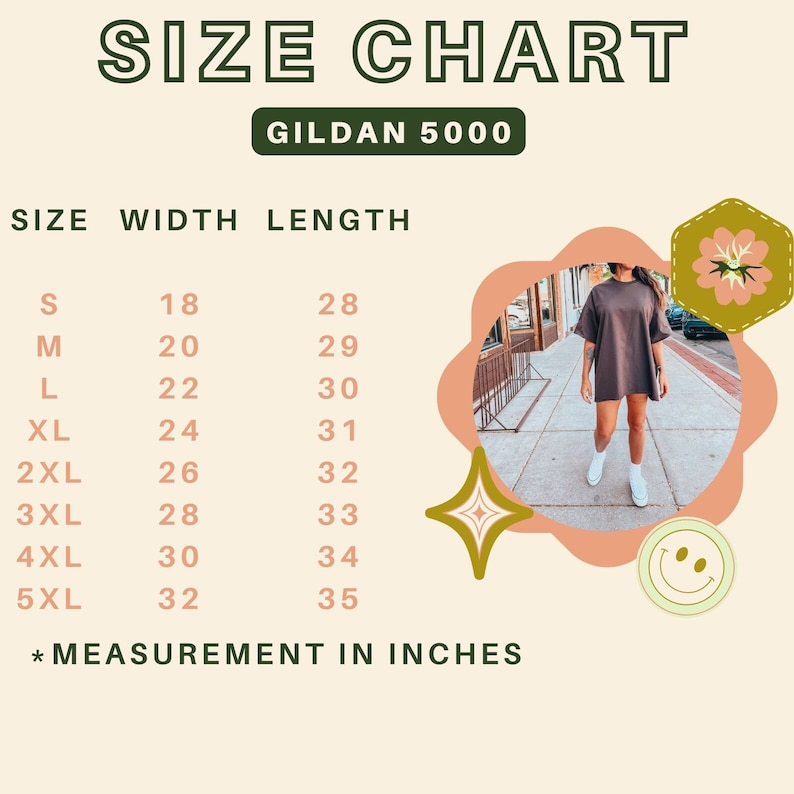 May include: Size chart for Gildan 5000 t-shirts. Measurements in inches are listed for sizes S to 5XL. The width ranges from 18 to 32 inches, and the length ranges from 28 to 35 inches. A person is wearing a brown t-shirt.