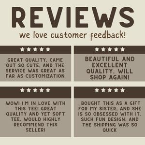 May include: Four customer reviews with five-star ratings for a product. The reviews highlight the quality, softness, and customization options of the product. One review mentions the product was purchased as a gift and the recipient loves it.