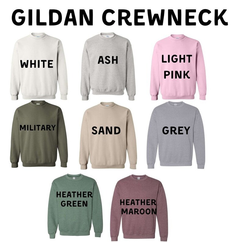 May include: A set of ten Gildan crewneck sweatshirts in various colors, including white, ash, light pink, military, sand, grey, heather green, and heather maroon.