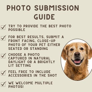 May include: A checklist with tips for taking good photos of pets for submission. The checklist includes tips like taking a close-up photo of the pet's face, using natural light, and including accessories in the photo. The image also includes a photo of a golden retriever.