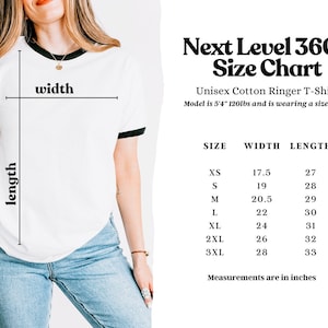 May include: Size chart for a unisex cotton ringer t-shirt. The chart shows the width and length measurements in inches for sizes XS to 3XL.