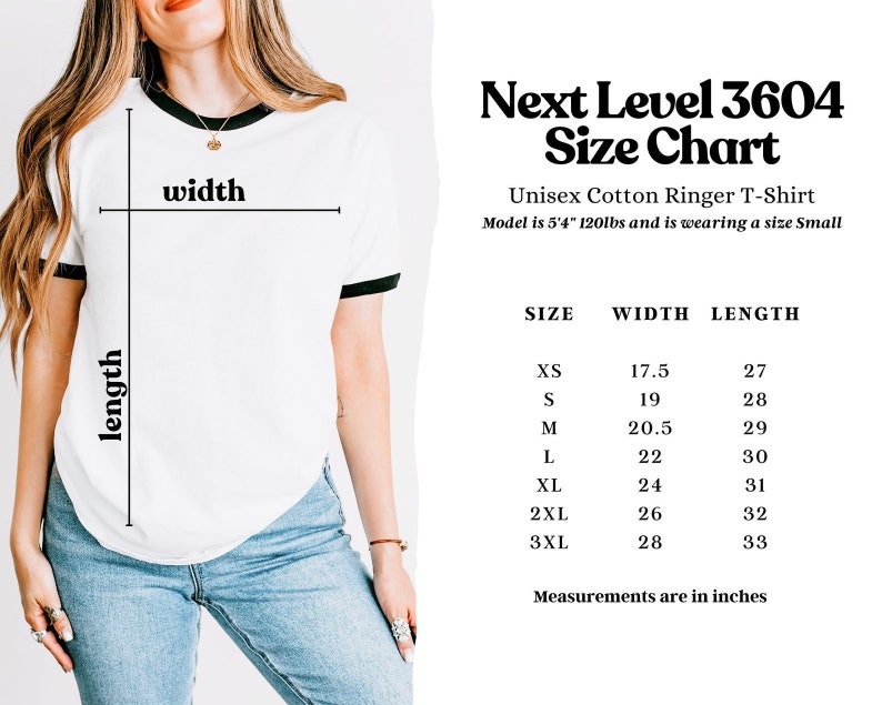 May include: Size chart for a unisex cotton ringer t-shirt. The chart shows the width and length measurements in inches for sizes XS to 3XL.