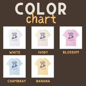May include: Color chart showing five different t-shirt colors: white, ivory, blossom, Chambray, and banana. Each t-shirt features a graphic of a planet with the text "Earth Well" printed on it.