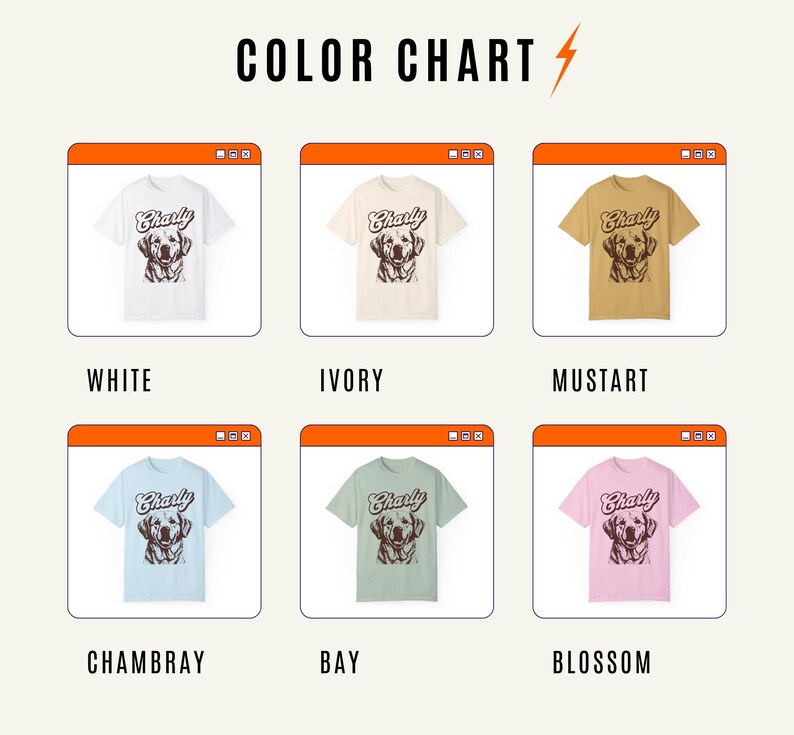 May include: Color chart showing different t-shirt colors. The t-shirts feature a brown dog graphic with the text "Charly" on the front. The colors are white, ivory, mustard, Chambray, bay, and blossom.