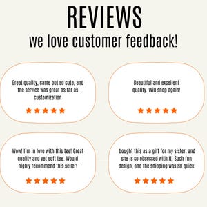 May include: A graphic with the word "REVIEWS" in bold black letters, followed by "we love customer feedback!" in a smaller font. The image displays customer reviews with star ratings.