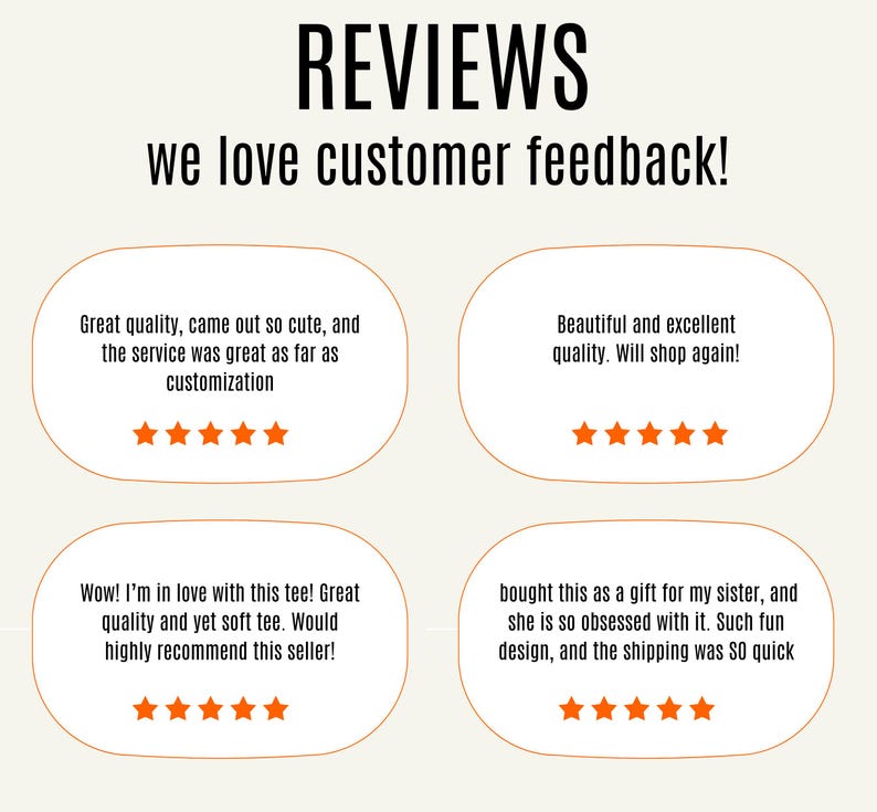 May include: A graphic with the word "REVIEWS" in bold black letters, followed by "we love customer feedback!" in a smaller font. The image displays customer reviews with star ratings.