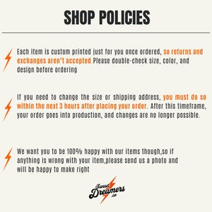 May include: A cream-colored graphic with the text "SHOP POLICIES" in black. The text below details the shop's return, exchange, and order change policies. The Sunset Dreamers logo is at the bottom.