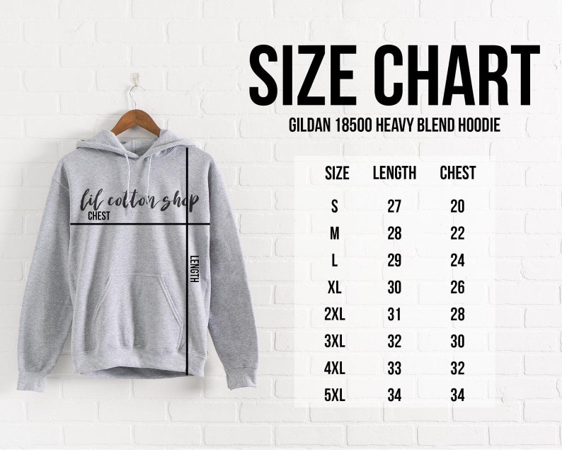 May include: Size chart for Gildan 18500 Heavy Blend Hoodie. The chart shows sizes S through 5XL with corresponding chest and length measurements in inches.