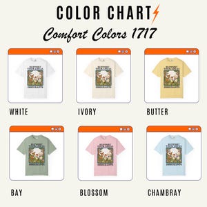 May include: Color chart of Comfort Colors 1717 t-shirts in six different colors: white, ivory, butter, bay, blossom, and chambray. Each shirt features a graphic with the text "Support Your Local Immigrants".