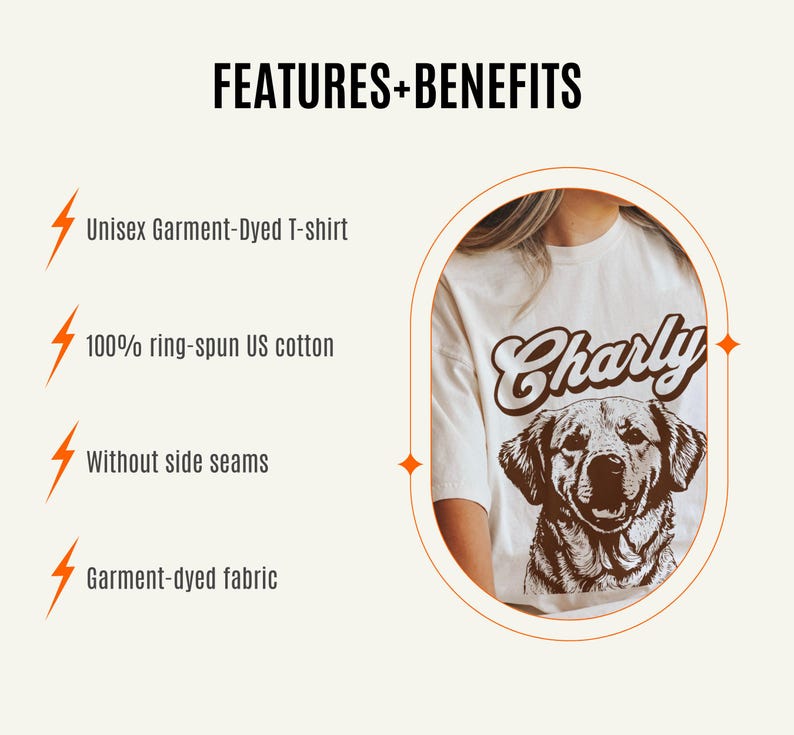 May include: A white t-shirt with a brown graphic of a dog and the text "Charly" in a retro font. The shirt is made of 100% ring-spun US cotton and is garment-dyed.