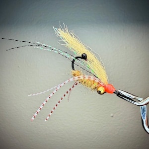 May include: A close-up of a handmade fishing fly. The fly features a black hook, a tan body, and a red head. It has long, thin, white and brown striped legs and a yellow, feathery tail. The fly is held by a silver clamp.