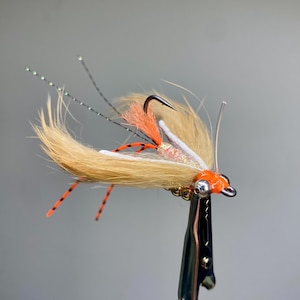 May include: A fly fishing lure with a brown and white feather body, orange and black accents, and a silver bead chain.