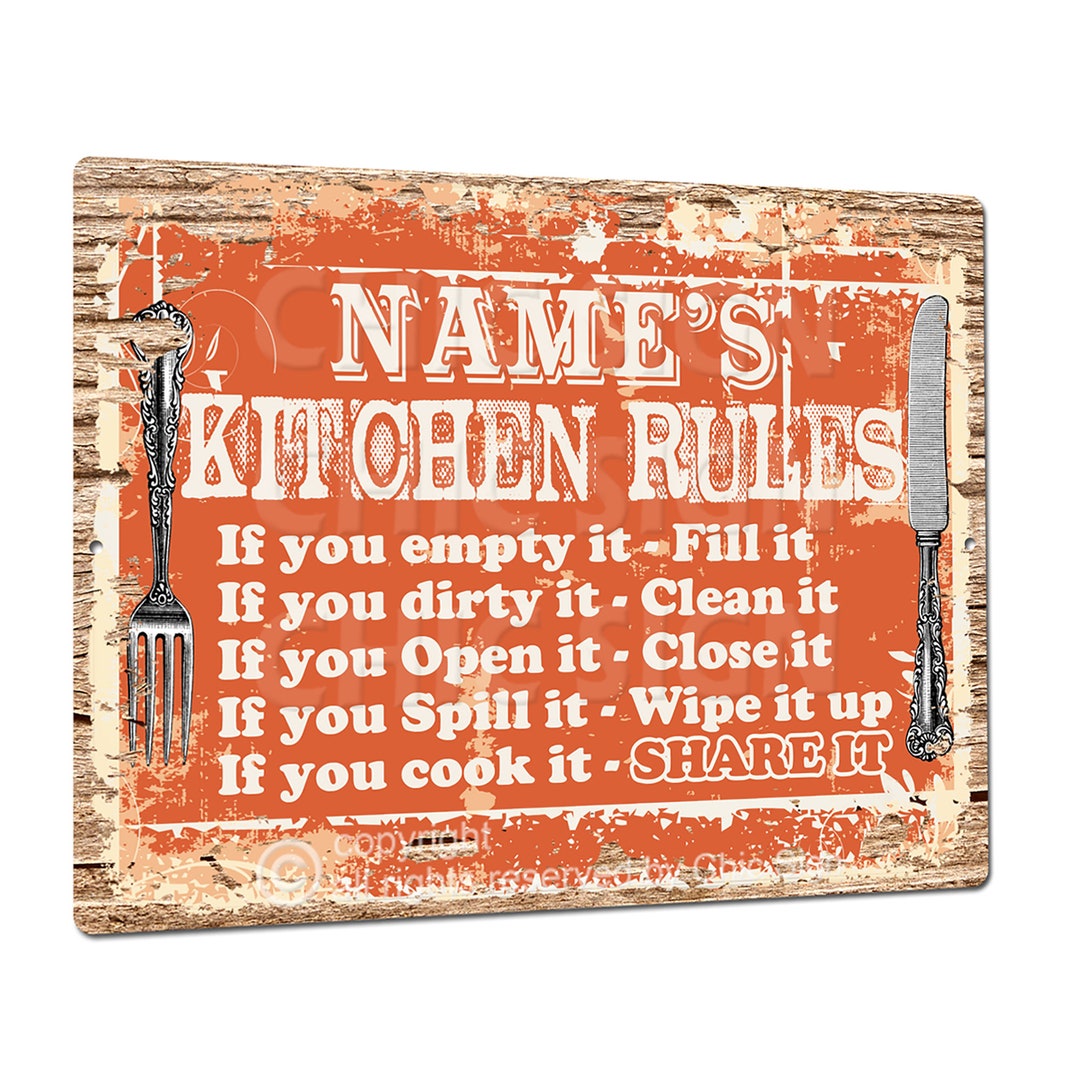 Custom Orange Kitchen Rules Metal Sign, Personalized Rustic Design Wall ...