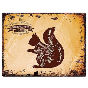 May include: A vintage-style metal sign with a rusty background featuring a squirrel silhouette divided into different cuts of meat. The sign reads "The Butchers Selection Squirrel Cuts Organic Fresh High Quality".