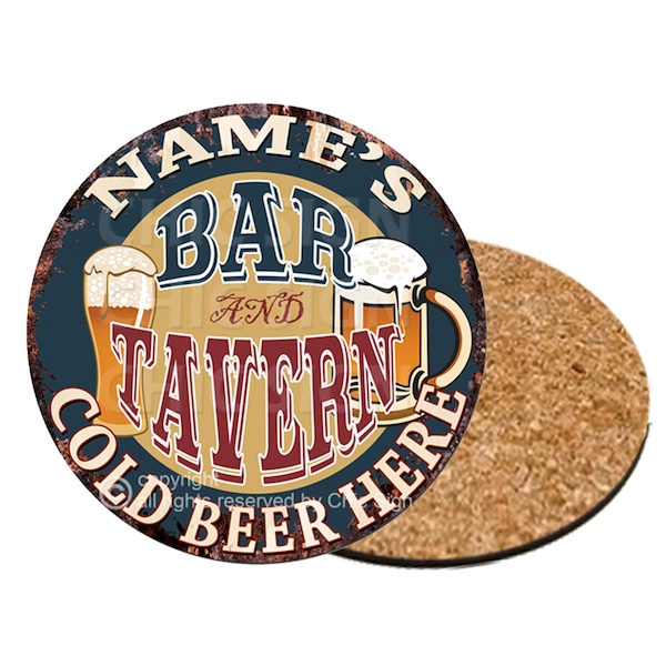 Custom Name Bar and Tavern Cold Beer Coasters, Personalized Circle Set, Coaster for Hot Cups/Drinks, Funny Gift Ideas for him/her, CP0139/4