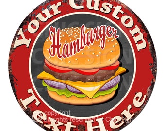 Custom Red Hamburger Metal Sign, Fast Food Personalized Sign, Diner Sign, Custom Gift Ideas, Burgers Sign, Kitchen Decor, Restaurant, 0162