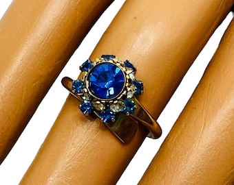 Vintage Cocktail Ring Blue & Clear Rhinestone Gems Gold Tone Bypass Band Setting US ring sz 5.5 Mid Century Estate Jewelry Gift for Her