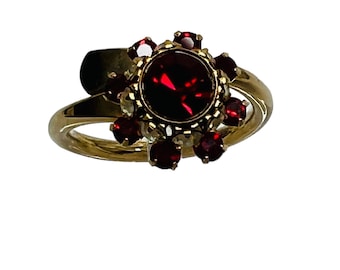 Vintage Cocktail Ring Red & Clear Rhinestone Gemstones Gold Tone Bypass Band Setting US ring sz 5.5 Mid Century Estate Jewelry Gift for Her