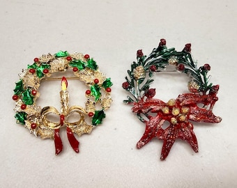 Vintage Christmas Wreath Brooch Gerry's Gold, Silver Tone Holiday Pins Estate Jewelry