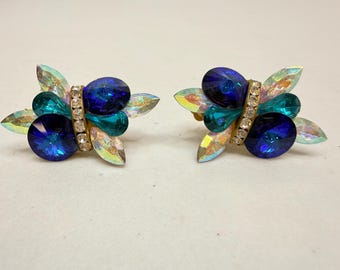 Vintage Earrings Gold Tone Clip On Blue, Clear Crystal Gemstones AB Accents