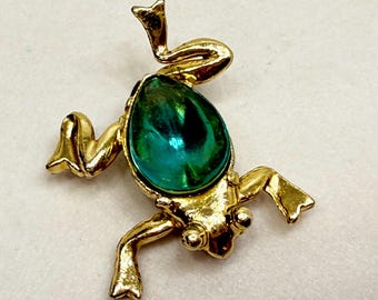 Vintage Brooch Jelly Belly Frog Gold Tone Green Stone Figural Estate Jewelry