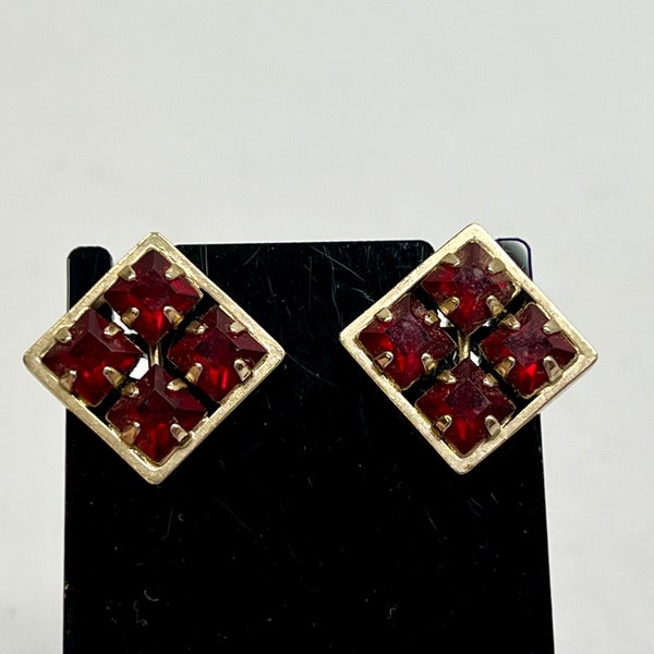 Vintage Earrings Red Rhinestone Gemstones set in Screw Back Fastening Square Prong Settings Estate Jewelry Gift for Her Mother's Day