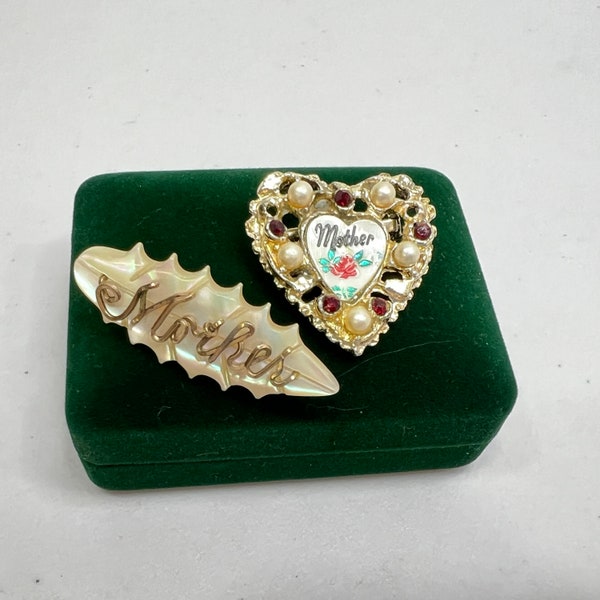 Set of Two Vintage Pins Mother of Pearl Carved Leaf w Wireworks "Mother" and Heart Shape Brooches with Faux Pearls and Red Rhinestones