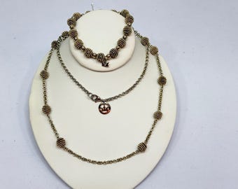 Vintage Crown Trifari Necklace, Bracelet Jewelry Set 1970s Gold Wire Bead Chain