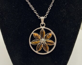 Vintage Necklace Pendant Tigers Eye Silver Tone Bold MCM Flower 30 inch