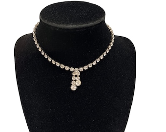 Vintage Rhinestone Choker Necklace Mid Century Sparkling Gemstones 12 inch Tassel
