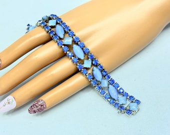 Vintage Blue Rhinestone and Moonglow Bracelet Silver Tone Retro Mid Century 7 in