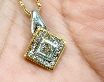 Vintage QGI Genuine Diamond Solid 10k Gold Necklace Pendant Box Chain 5.2g 20 in