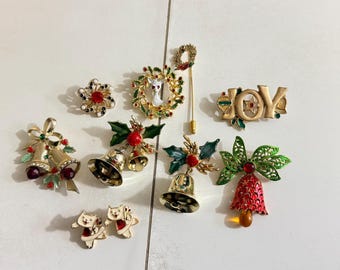 Christmas Holiday Jewelry Lot Brooch, Pin, Pierced Earrings Gold Tone Vintage