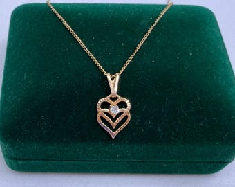 Vintage Necklace 1/20 14K Yellow Gold Filled Heart Pendant CZ Gemstone 18 inch