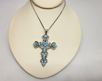 Vintage Necklace Pendant Bold Rhinestone Cross Silver Tone Blue Gemstones 20 in